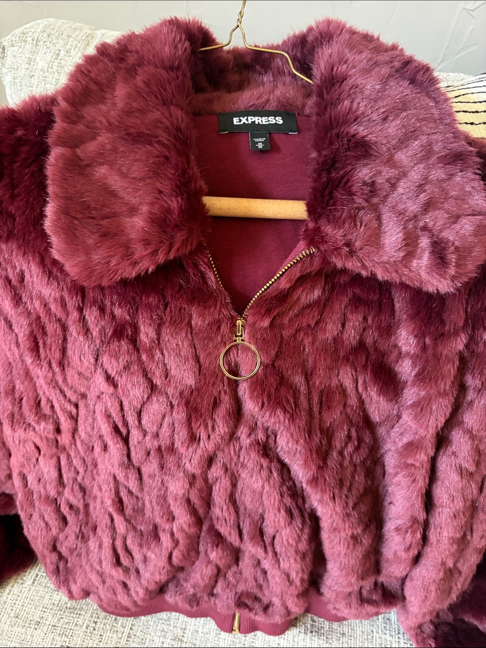 Express Faux Fur Bomber Jacket in Burgundy